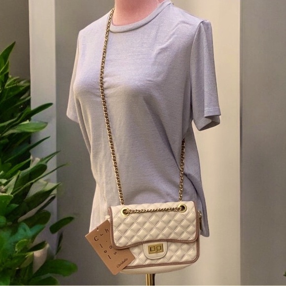 Chrisbella Quilted NWT Leather Cream Bone Shoulder Bag Crossbody Antique Gold - Picture 6 of 9